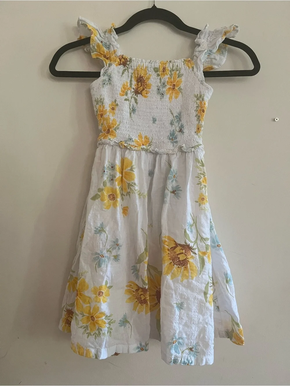 Old Navy Girls Sunflower Floral Smocked Midi Dress Small White Yellow Cottage